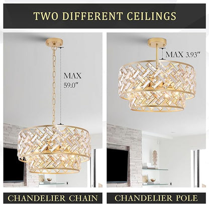 CATINER 20'' Modern Gold Crystal Chandelier Luxury Semi Flush Mount Ceiling Light Fixtures 6-Lights Round Crystal Pendant Chandelier for Dining Room Foyer Living Room Bedroom