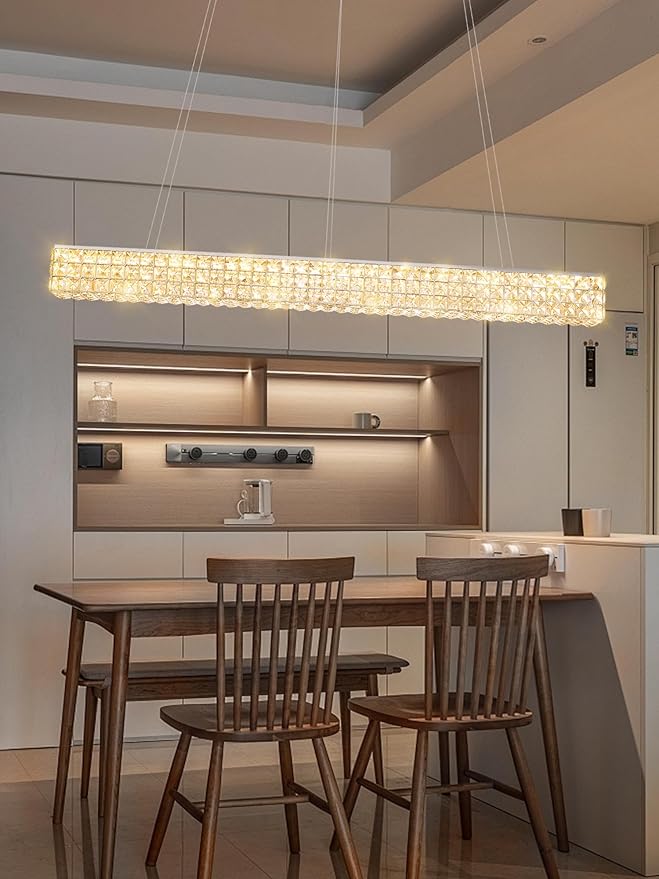 ykolupty W48 Modern Rectangular Crystal Chandeliers Dining Room Chandelier,Silver Pendant Light Fixture with Remote Control for Living Room Kitchen Island