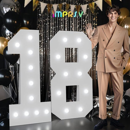 Marquee Numbers 18th-Birthday Decorations: Large 4ft Light up Number Balloon for Party Big 18 Year Old Girl Boy Birthday Decoration Anniversary Foam Board Wall Number 18