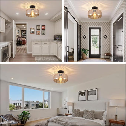 Glass Semi Flush Mount Ceiling Light, Modern Close to Ceiling Light Fixtures with Amber Glass Shade, 11" Round Light Fixtures Ceiling Mount for Bathroom Dining Room Bedroom Living Room Hallway, E26