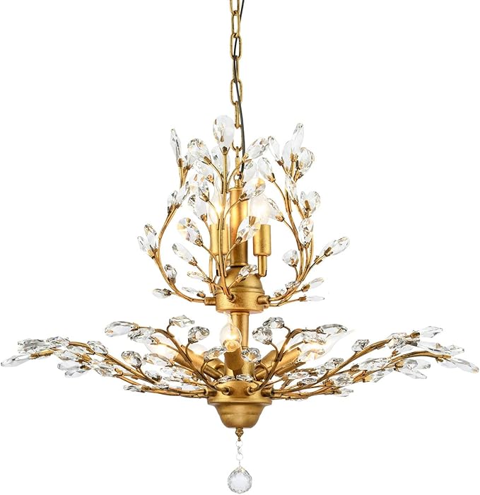 Garwarm 8-Light Vintage K9 Crystal Chandeliers Ceiling Lights LED Light Crystal Pendant Lighting Ceiling Light Fixtures Chandeliers Lighting for Living Room Bedroom Restaurant Porch (Gold)