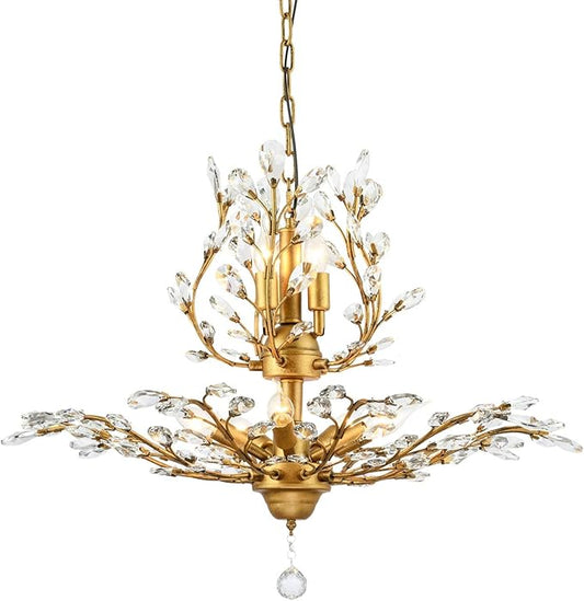 Garwarm 8-Light Vintage K9 Crystal Chandeliers Ceiling Lights LED Light Crystal Pendant Lighting Ceiling Light Fixtures Chandeliers Lighting for Living Room Bedroom Restaurant Porch (Gold)