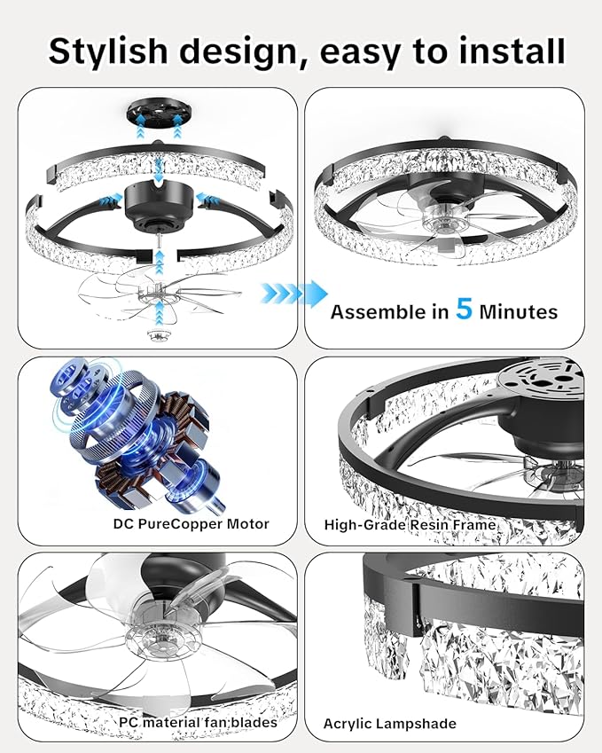 AIKVSXER 20" Low Profile Ceiling Fan with Light and Remote, Dimmable LED Flush Mount Ceiling Fan, 6 Speeds, White Modern Design for Bedroom/Living Room （Black-Crystal）