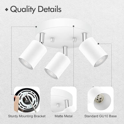 3 Light Track Lighting Fixtures Ceiling, Matte White Round Directional Ceiling Spotlight, GU10 Flush Mount Track Fixture, Adjustable Modern LED track Lights for Kitchen/Living Room, Bulb Not Included