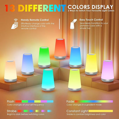 Auxmir Rechargeable LED Night Light, Touch & Remote Control Bedside Lamp with 13 Colors, 5 Brightness Levels, Portable Table Lamp for Kids Baby Nursery, Bedroom, Bathroom, Camping, Silver