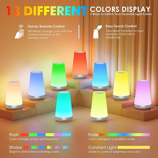 Auxmir Rechargeable LED Night Light, Touch & Remote Control Bedside Lamp with 13 Colors, 5 Brightness Levels, Portable Table Lamp for Kids Baby Nursery, Bedroom, Bathroom, Camping, Silver