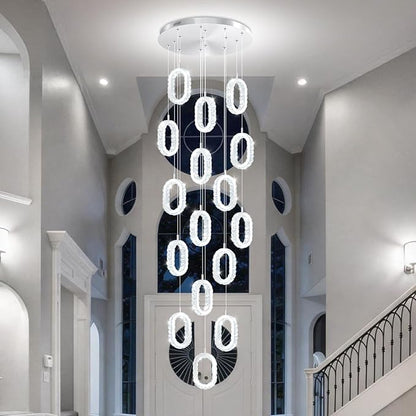Large Ring Drop Chandelier for Stair Long Spiral Crystal Chandeliers for High Ceiling LED Crystal Ring Chandelier Dimmable 2700K-6000K 16-Light Silver