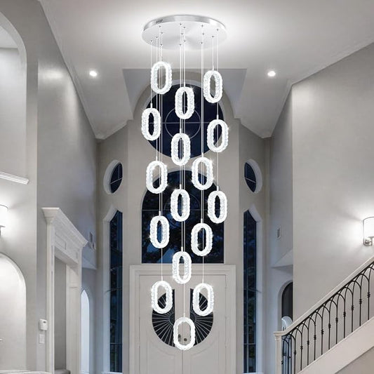 Large Ring Drop Chandelier for Stair Long Spiral Crystal Chandeliers for High Ceiling LED Crystal Ring Chandelier Dimmable 2700K-6000K 16-Light Silver