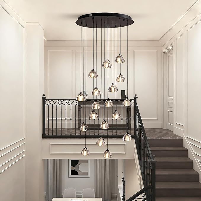 SNZ Modern Crystal Chandelier for Staircases, 18-Light High Ceiling Chandelier, 118" Long Adjustable Ceiling Light for Entrance, Large Chandeliers for High Ceilings, Hallway Entryway