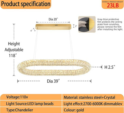 Crystal Ring Chandelierfor Living Room, 40'' Gold Ring Pendant Light for Kitchen Island Modern Dimmable Linear Oval Chandeliers for Dining Room