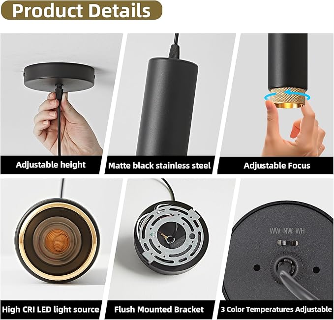 OKELI Modern Black LED Pendant Light for Kitchen Island, 1 Pack – Dimmable Zoomable Pendant, Adjustable Beam Angle, 3 Color Temps 2700K/4000K/6000K, Mini Hanging Light for Bar or Bedroom, 12W 11.8"