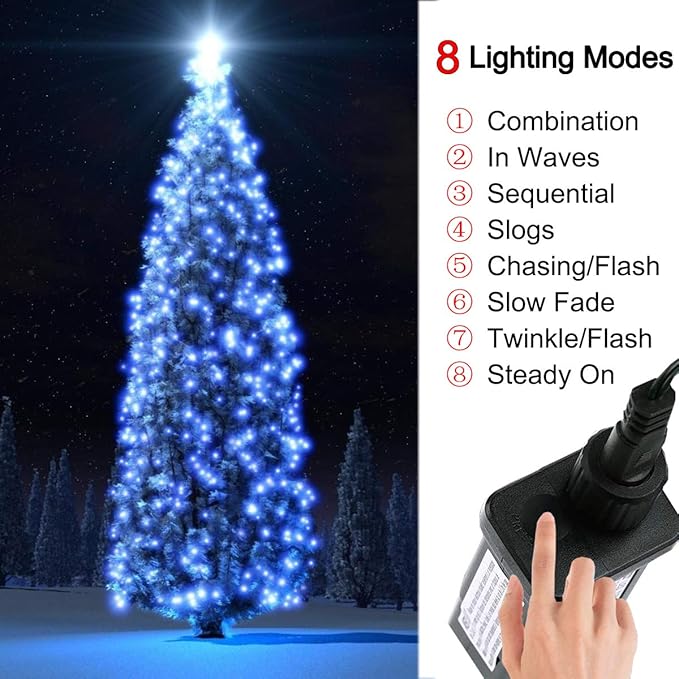 Christmas String Lights Blue - 320 LEDs 35m/115ft 8 Modes End-to-End Plug in Outdoor Waterproof Decorative Fairy Twinkle Indoor Christmas Tree Lights for Halloween/Home/Patio/New Year/Room/Wedding
