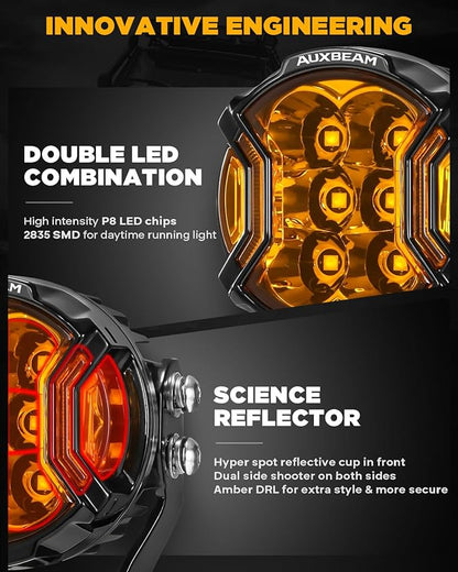 Auxbeam V-Ultra Series 3 Inch 108W Amber Fog Light Pods, DRL Function 3 Modes & Protective Covers, 270° Side Shooter Light Bar, Hyper Spot Beam Offroad Lights, for Truck ATV UTV Car Motorcycle, Pair