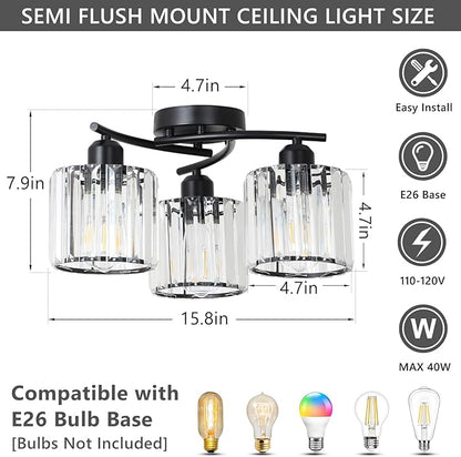 Crystal Semi Flush Mount Ceiling Light,3-Light Black Close to Ceiling Light Fixtures,Kitchen Light Fixture with Clear Crystal Shades,Hallway Light Fixtures for Kitchen Entryway Bedroom Bathroom