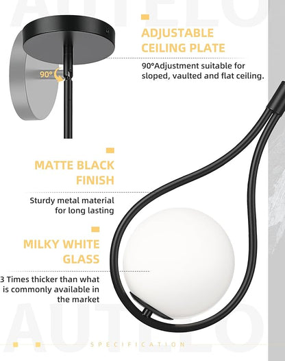 AUTELO Black Pendant Lights Kitchen Island, 1-Light Pendant Lights with Milky White Globe Glass, Modern Pendant Light Fixtures, Black Hanging Lamp for Kitchen Island H9377 MGBK