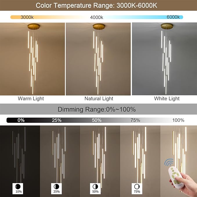 HuisMier 10 Lights Gold LED Chandeliers, Modern Dimmable Staircase Chandelier for High Ceiling with Remote Control, Long Foyer Chandelier for Living Room Entryway Hallway, 3000K-6000K