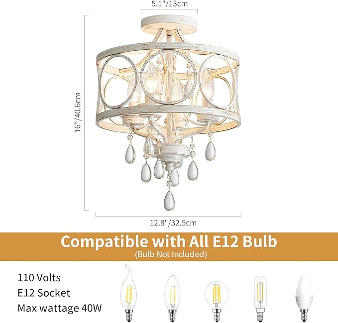 Crystal Ceiling Light Fixture, Modern Semi Flush Mount Ceiling Light, 4-Light White Round Crystal Chandelier Hallway Lighting Fixtures for Bedroom Bathroom Foyer Entryway Dining Room Kitchen