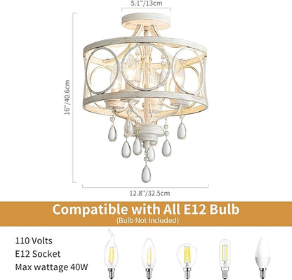 Crystal Ceiling Light Fixture, Modern Semi Flush Mount Ceiling Light, 4-Light White Round Crystal Chandelier Hallway Lighting Fixtures for Bedroom Bathroom Foyer Entryway Dining Room Kitchen