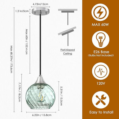 Pendant Lights Kitchen Island,3 Pack Farmhouse Pendant Lights,Green Striped Swirl Globe Glass Pendant Light Fixtures,Mini Island Lights For Kitchen,Modern Hanging Light Fixture With Adjustable Height