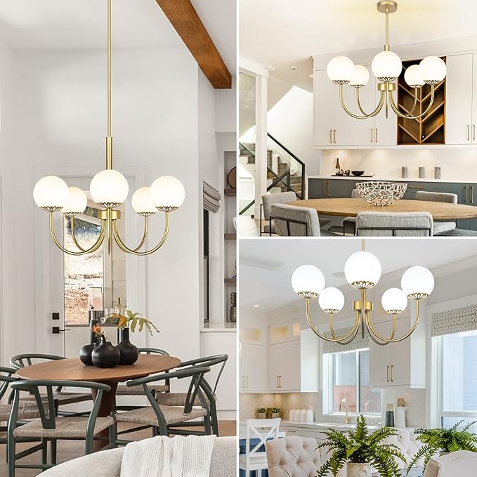 5-Light Gold Chandelier, Globe Modern Sputnik Light Fixture with Frosted Glass, Vintage Semi-Flush Mount Ceiling Light for Dining Room, Large Pendant Lighting for Kitchen Living Room Bedroom