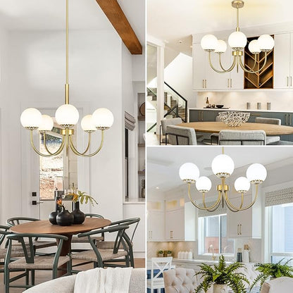 5-Light Gold Chandelier, Globe Modern Sputnik Light Fixture with Frosted Glass, Vintage Semi-Flush Mount Ceiling Light for Dining Room, Large Pendant Lighting for Kitchen Living Room Bedroom