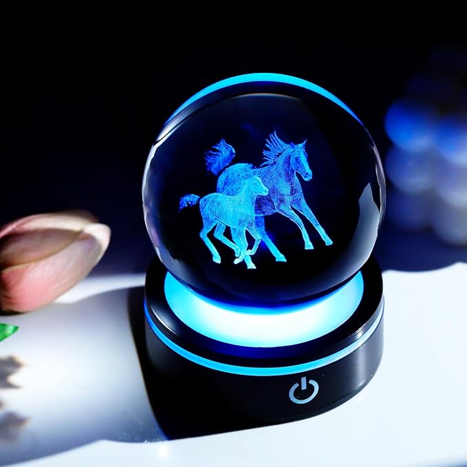 YWHL 3D Horse Figurine Crystal Ball with Colorful Light Base, Glass Horse Gifts for Women Girls on Birthday Christmas, Laser Engraved Horses Statue Sphere Decor for Home Office(80mm)