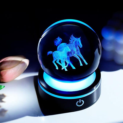 YWHL 3D Horse Figurine Crystal Ball with Colorful Light Base, Glass Horse Gifts for Women Girls on Birthday Christmas, Laser Engraved Horses Statue Sphere Decor for Home Office(80mm)