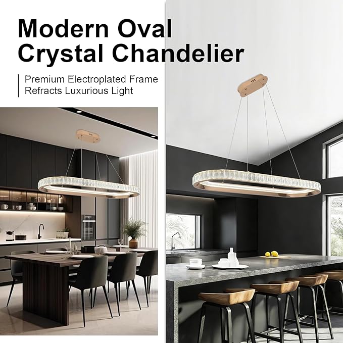 Gold Modern Chandelier Linear Led Chandeliers for Dining Room Oval Ring Chandelier Light Fixture Dimmable Led Pendant Light for Kitchen Island Lighting with Remote Controller