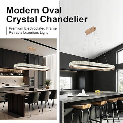 Gold Modern Chandelier Linear Led Chandeliers for Dining Room Oval Ring Chandelier Light Fixture Dimmable Led Pendant Light for Kitchen Island Lighting with Remote Controller