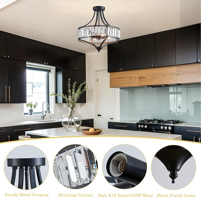 Crystal Black Ceiling Light Fixture, Modern Industrial Chandelier Semi Flush Ceiling Light for Dining Room Living Room Bedroom Hallway, Round Kitchen Lighting Fixtures Ceiling, 4 Lights