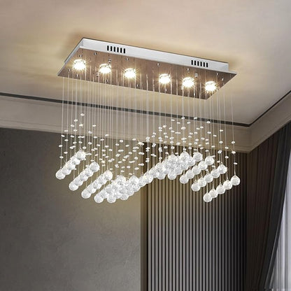Depuley Modern K9 Crystal Chandelier, 6-Light Rectangle Flush Mount Ceiling Light, Wave Raindrop Crystal Pendant Lighting for Dining Room Kitchen Living Room Bedroom, L29.5'' x W11.8'' x H25.6''