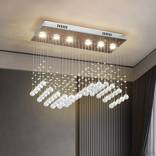 Depuley Modern K9 Crystal Chandelier, 6-Light Rectangle Flush Mount Ceiling Light, Wave Raindrop Crystal Pendant Lighting for Dining Room Kitchen Living Room Bedroom, L29.5'' x W11.8'' x H25.6''