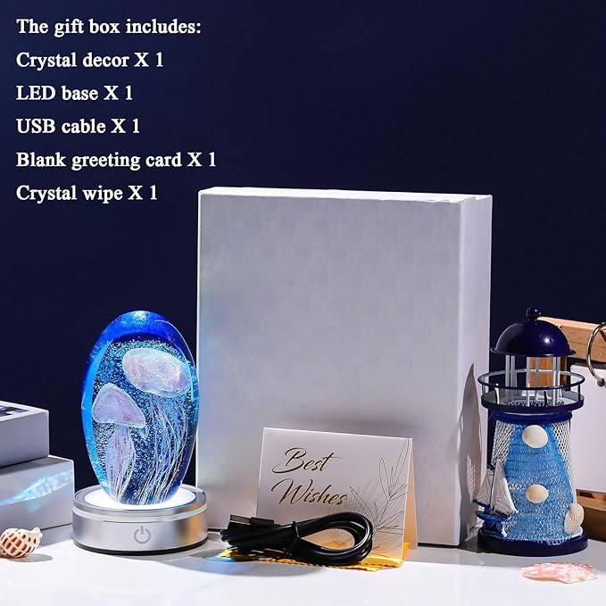 Hand Blown Glass Jellyfish Lamp - Ocean Themed Crystal Ball Desk Decor with LED Light, Aquarium & Beach Room Decoration, Collectible Figurine Paperweight Gift for Women (Purple)