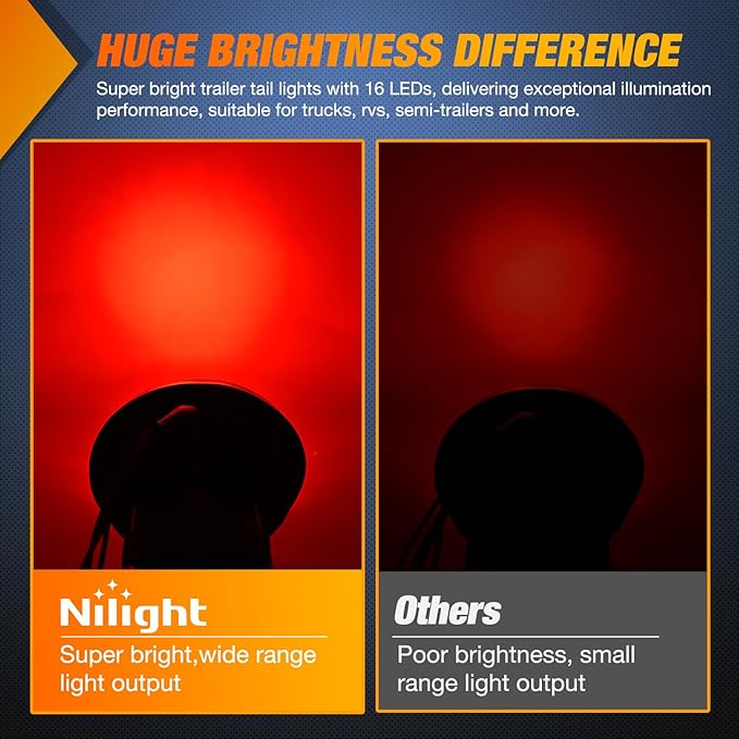 Nilight Trailer Tail Light 2PCS 4Inch Round 16 LED Red White Chrome Frame Marker Clearance Stop Brake Reverse Backup Running Taillight IP67 Waterproof for Trailer Truck Pickup Camper RV
