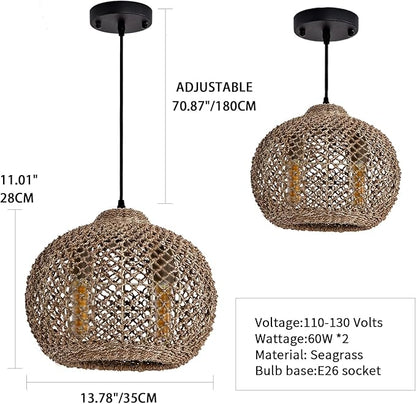 2-Light Rattan Pendant Light, Farmhouse Rattan Chandelier Boho Hand Woven Wicker Hanging Light Fixture for Kitchen Island Living Room Bedroom Dining Room Foyer