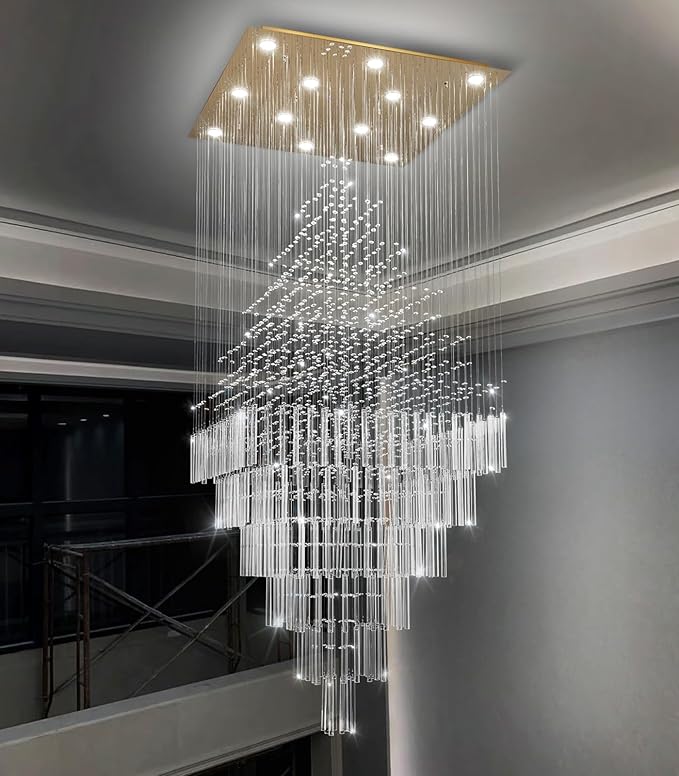 HAIXIANG W32 x H120 Glam Chandelier with LED Bulbs Square Chandeliers, Crystal Raindrop High Ceiling Pendant Light for Entrance Large Villa Foyer Lighting Fixtures Gold