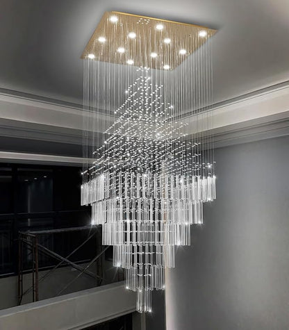 HAIXIANG W32 x H120 Glam Chandelier with LED Bulbs Square Chandeliers, Crystal Raindrop High Ceiling Pendant Light for Entrance Large Villa Foyer Lighting Fixtures Gold