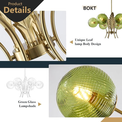 BOKT Brushed Brass Chandelier Gold Leaf 6 Green Glass Globe Hanging Pendant Light Fixture Classic Adjustable Height Medieval Sputnik Chandelier for Home