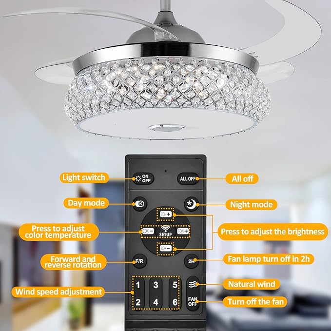 42" Invisible Ceiling Fan Chandelier with Light and Bluetooth Speaker,Modern 3 Color Change Crystal Ceiling Fan Light Remote Control 4 Retractable ABS Blades for Bedroom