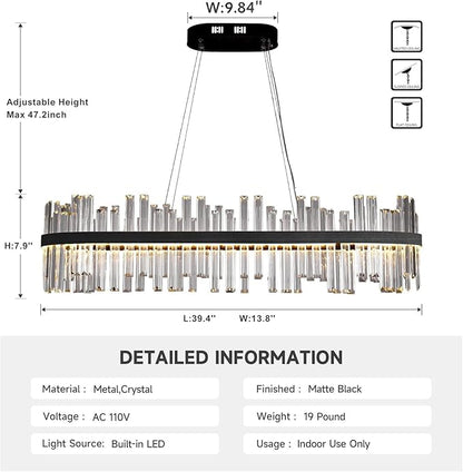 Black Led Modern Crystal Chandelier: 39.3" Rectangle Linear 3 Color Dimmable Chandeliers for Dining Room Over Table - Luxury Rectangular Contemporary Oval Light Fixture for Living Room Bedroom Foyer