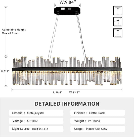 Black Led Modern Crystal Chandelier: 39.3" Rectangle Linear 3 Color Dimmable Chandeliers for Dining Room Over Table - Luxury Rectangular Contemporary Oval Light Fixture for Living Room Bedroom Foyer