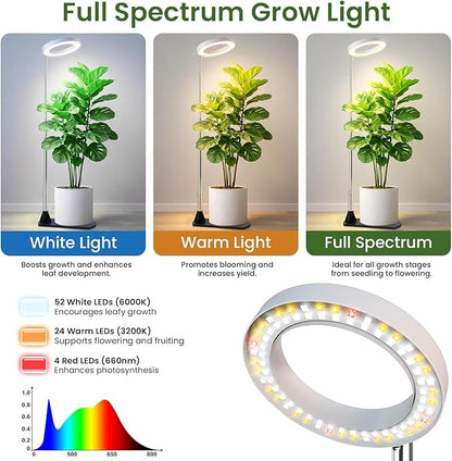 LBW Grow Lights for Indoor Plants, 6.3" Full Spectrum Plant Light with Base, 59" Height Adjustable Grow Lamp, 6/8/12/16H Auto Timer, 3 Light Colors, 5 Dimmable Levels, for Tall Large Plants, White