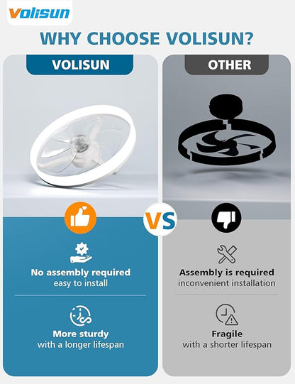 VOLISUN Low Profile Ceiling Fans with Lights and Remote, 20in Fandelier Ceiling Fan with Light, 3000K-6500K Dimmable Bladeless LED Fan Light, Black Flush Mount Ceiling Fans with Lights for Bedroom