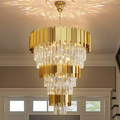 Modern Tier Crystal Chandelier for High Ceiling Luxury 8-Tier Round Chandeliers 11-Light Large Gold Crystal Chandelier for Entryway Adjustable Height D24in