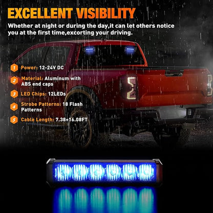 Nilight 12LED Emergency Strobe Traffic Advisor Light Bar 2 in 1 Blue Dash Warning Safety Flashing Lights Front/Rear Windshield Construction Lights for Trucks Cars Plow Police Firefighter Vehicles
