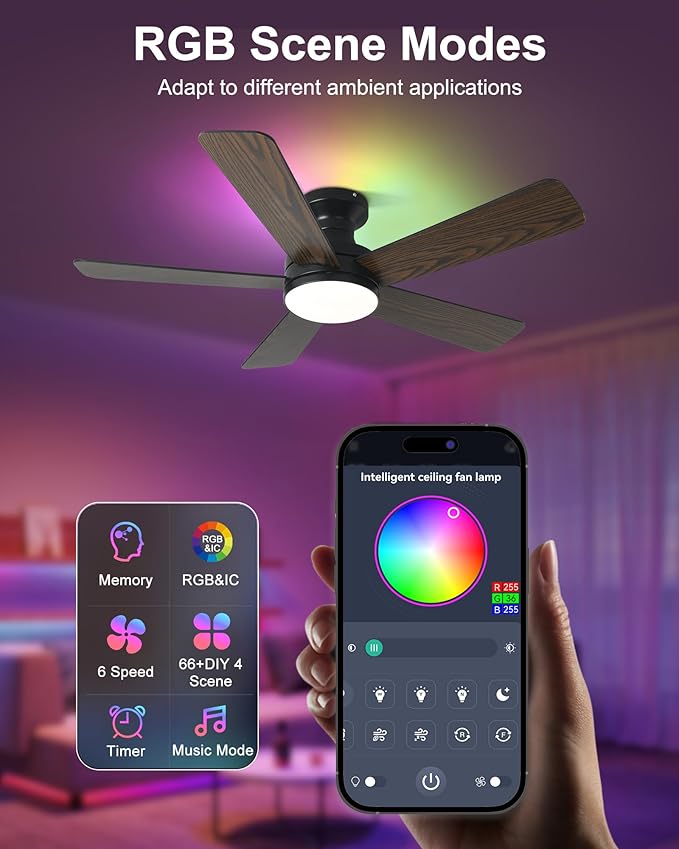 42 Inch Ceiling Fan with Lights, RGB Ceiling Fan with Light, App & Remote Control, Flush Mount Low Profile, Reversible, 3CCT, Dimmable LED, Noiseless, Black Ceiling Fan for Bedroom
