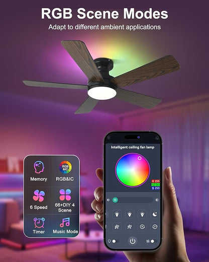 42 Inch Ceiling Fan with Lights, RGB Ceiling Fan with Light, App & Remote Control, Flush Mount Low Profile, Reversible, 3CCT, Dimmable LED, Noiseless, Black Ceiling Fan for Bedroom