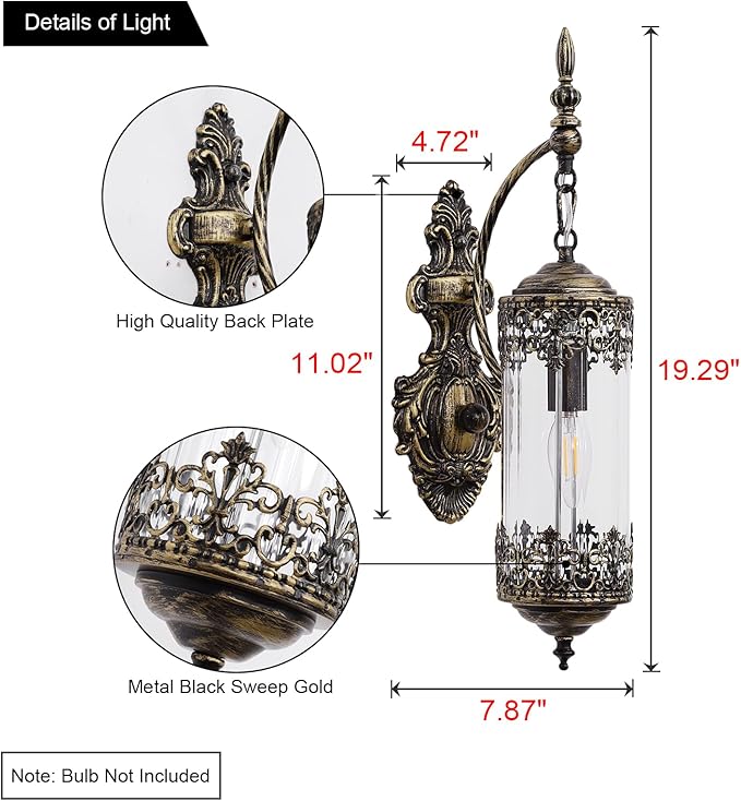Vintage Wall Sconce with Glass Shade, Rustic Black Brushed Gold Farmhouse Wall Light Fixture, Antique Gothic Decorative Metal Wall Lamp for Hallway, Bedroom, Living Room, Entryway