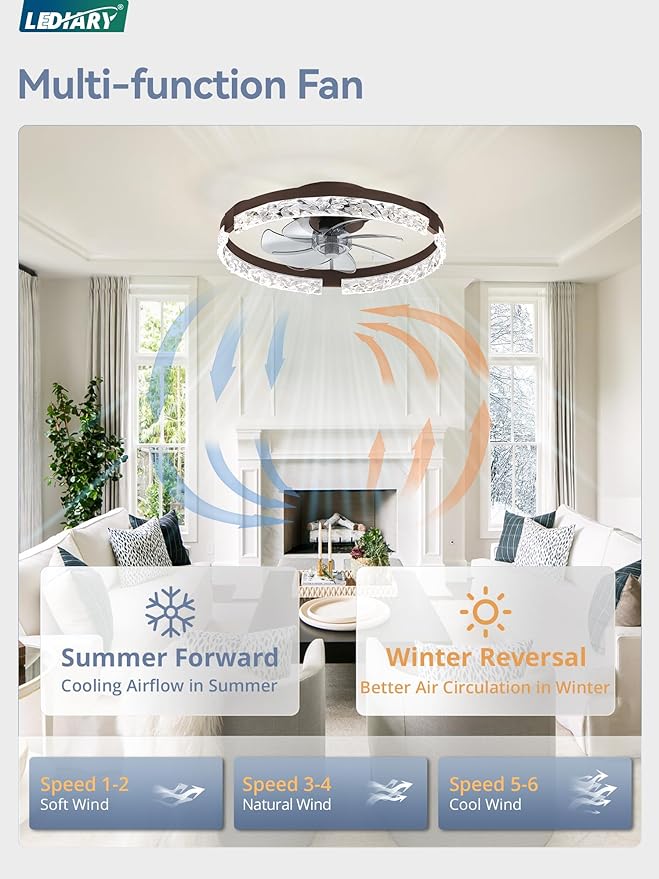 LEDIARY 2 Pack 20 Inch Ceiling Fans with Lights and Remote, Fandelier Modern Low Profile Ceiling Fan, 3000K-6000K Dimmable LED Fan Light, Brown Flush Mount Ceiling Fans with Lights for Bedroom