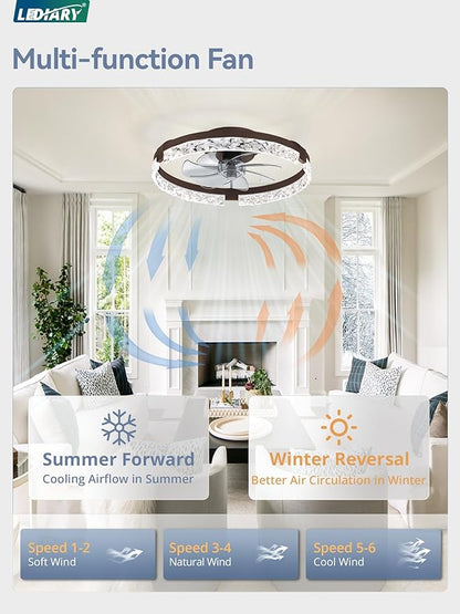 LEDIARY 20 Inch Low Profile Ceiling Fans with Lights and Remote, Fandelier Ceiling Fan Flush Mount, 3000K-6000K Dimmable LED Fan Light, Brown Modern Ceiling Fans with Lights for Bedroom